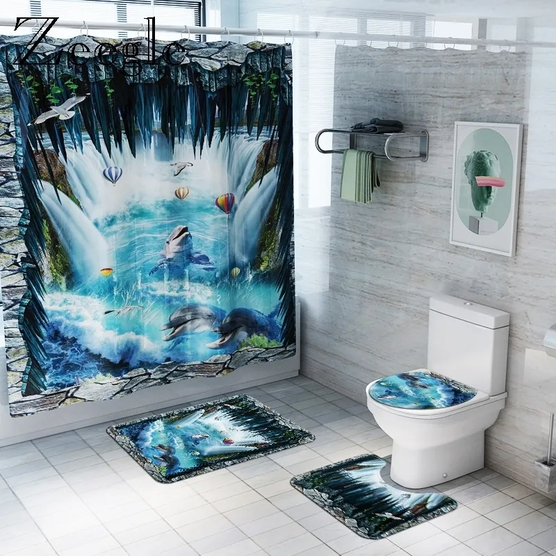 3D  Bathroom Carpet Shower Curtain Bath Mat Set Waterproof Bathroom Curtain Flannel Soft Bathroom Toilet Seat Cover Mat