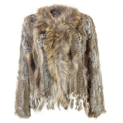 Gilet de lapin tricoté naturel en fausse fourrure pour femme avec col de raton laveur manteau de fourrure à manches longues avec pompon pardessus personnalisé grande taille 221123