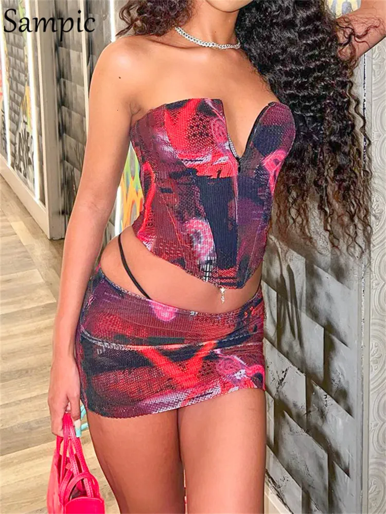 Vestido de dos piezas Sampic estampado sin tirantes corsé top y mini falda bodycon conjunto de dos piezas mujeres verano sexy sin espalda sin mangas fiesta club trajes 221123