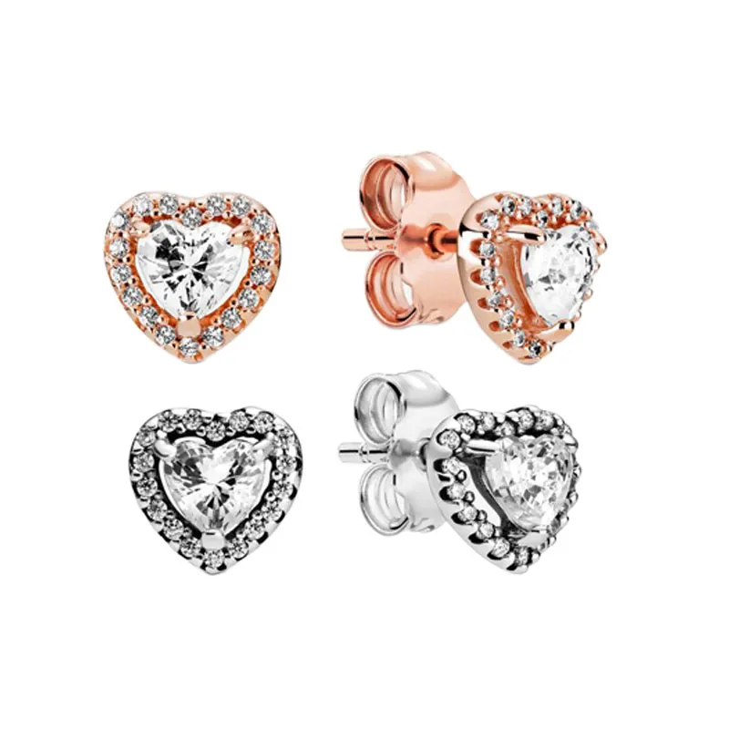 Rose Gold Elevated Heart Stud Earring Set med Original Box f￶r Pandora Real Sterling Silver Wedding Jewelry Cz Diamond Gift Earrings For Women Girls