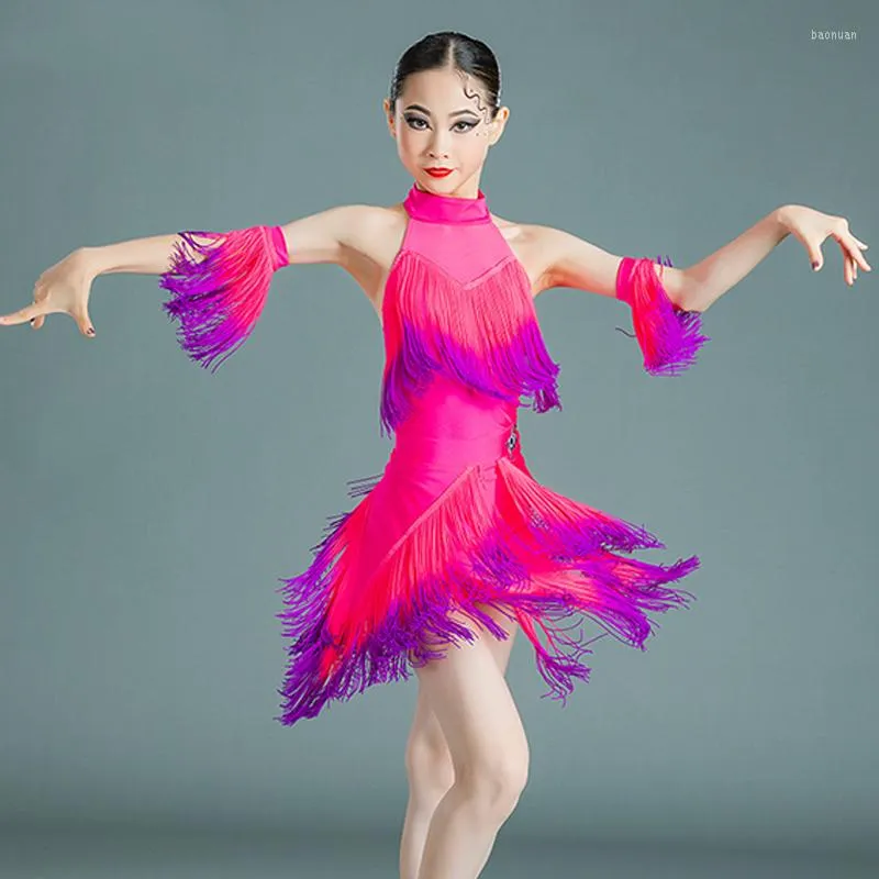 Ropa de escenario para niñas, traje de actuación de baile latino, vestido  de competición con borlas rosas, ropa de práctica de Samba Rumba