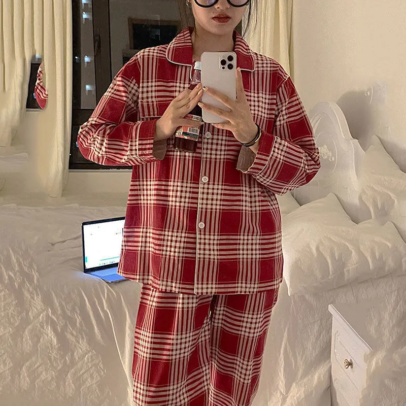 Kvinnor Sleepwear Plaid Christmas Pyjamas Women Korean Autumn Pijamas Söta kläder Pyjamas 2 Piece Pants Set Loungewear PJ Suit 221122