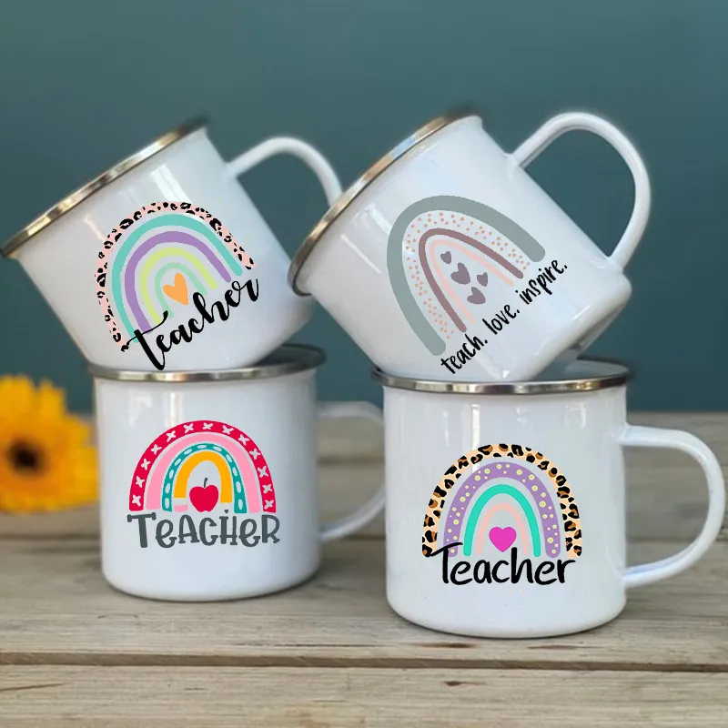 Mugs Rainbow Teacher Printed Enamel Mug Creative Retro Coffee Water Cups Drink Dessert Milk Cup Handle Drinkware Gifts 221122
