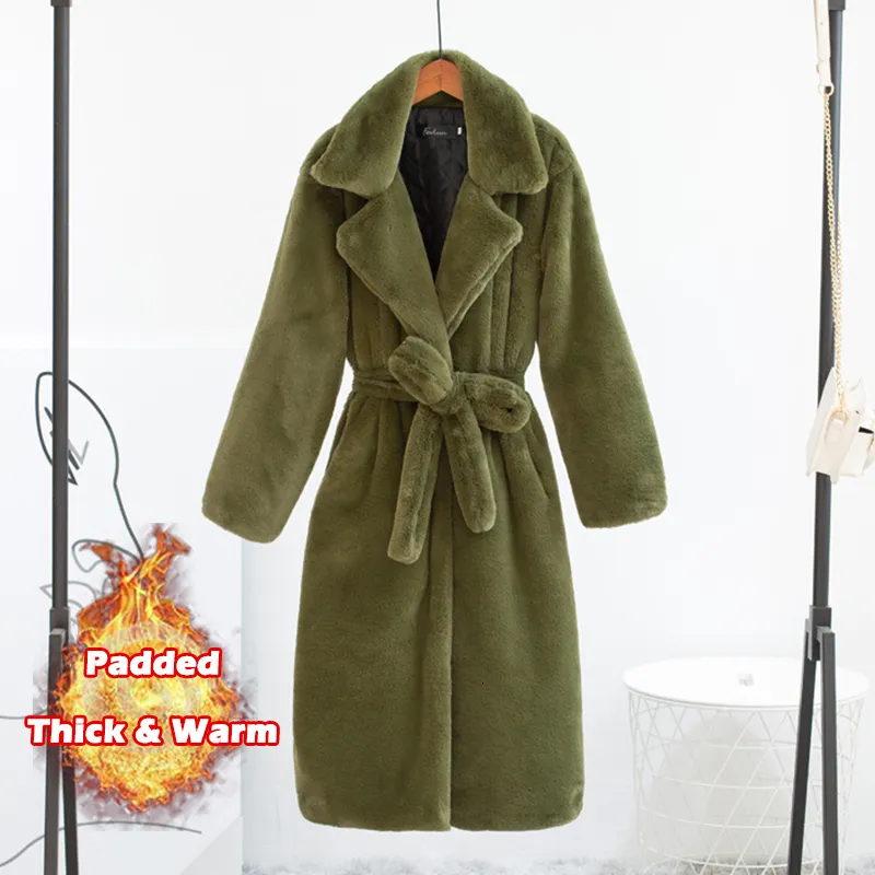 Cappotto caldo invernale in pelliccia sintetica da donna, colletto spesso lungo, con cintura, Casaco Feminino Sash 221123