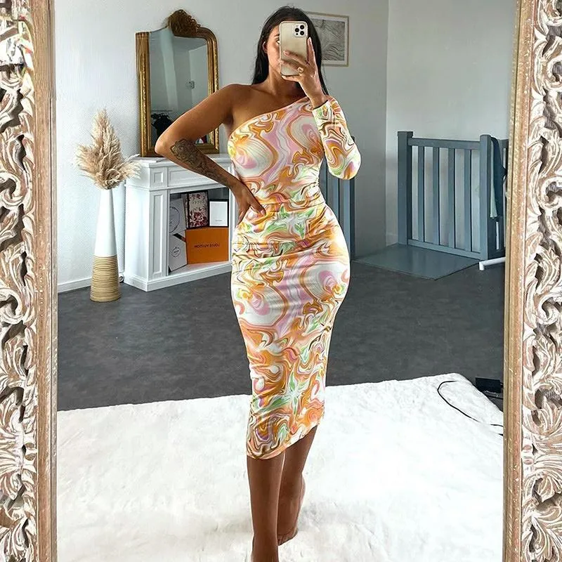 Casual Dresses Tie Dye Print Midi Dress Women Summer 2022 Sexig One Shoulder Long Sleeve BodyCon Streetwear Party Club Elegant Clothes