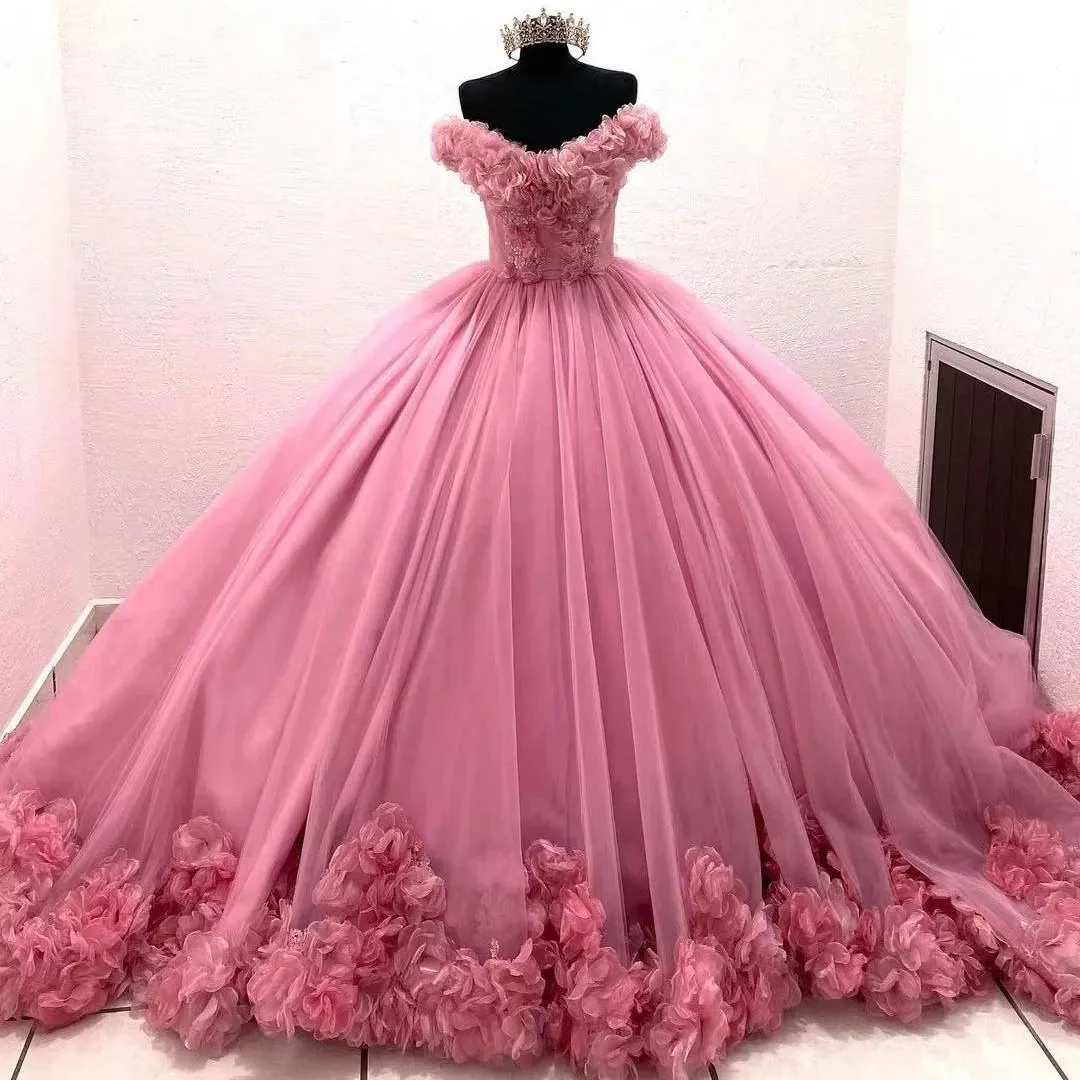 Rose Pink Quinceanera sukienki księżniczka Kopciuszek długa suknia balowa słodka 15 -letnia dziewczyny