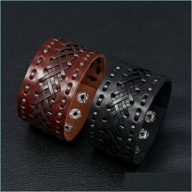 Bangle Weave Lace Wide Bandage Leather Bangle Butle Button Ajuste Pulseira Pulseira para homens Jóias de moda Jóias Black Drop Deli Dhmct