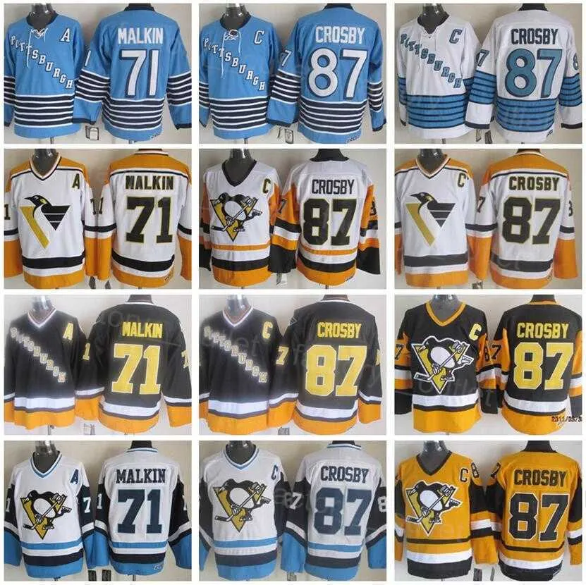 Retro Pittsburgh Throwback Penguins Hóquei 71 Evgeni Malkin Jersey 87 Sidney Crosby Vintage Classic Team Branco Azul Amarelo Cor CCM All''Nhl''Shirt