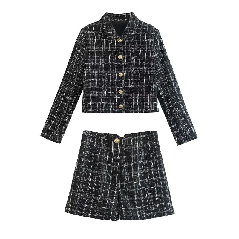 Two Piece Dress Fashion Checked Textured SingleBreasted Blazer Long Sleeve Vintage Coat Casual Ladies Outerwear Stylish Tops 221123