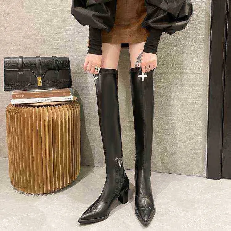 Botas de diseñador Hbp hasta la rodilla para mujer, zapatos de mujer de caballero fino con manga de tacón alto y muslo grueso en punta, 220726