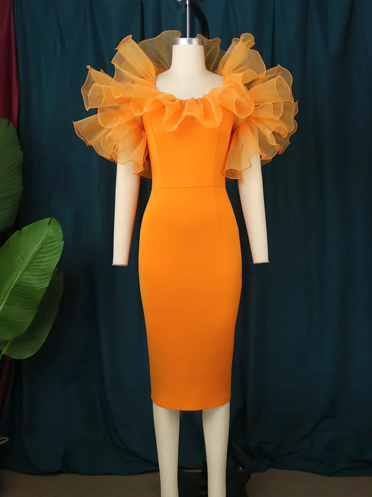 sismetry【orange】 back ribbon puff dress Sweet Women Orange Flare Princess Party Dress O Neck Short Sleeve