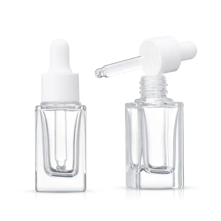 Clear Square Glass Dropper Bottle Essential Oil Perfume Bottle 15ml with White/Black/Gold/Silver Cap SN299