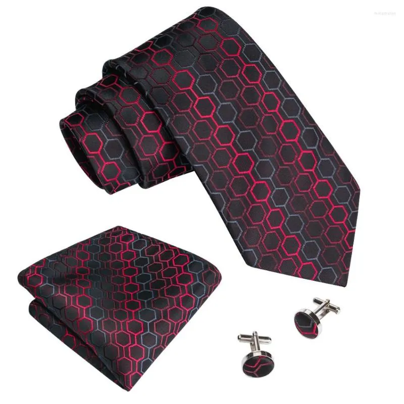 Boogbindingen dibangu geometrisch rood zwart voor mannen met hanky manchetknopen set handgemaakte zijden nekband mannelijk bruiloft feestbedrijf mj-584