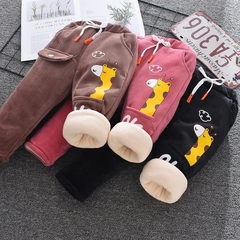 Broek winterkinderen fleece broek 0-7y kinderen kleding herfst baby meisje plus fluweel leggings jongens borduurwerk cartoon dik warm 221123