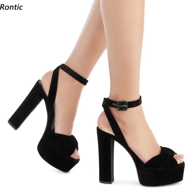 Rontic Change Color Handmade Women Platform Sandals Unisex Suede Block Heels Open Toe Elegant Black Casual Shoes US Size 5-20