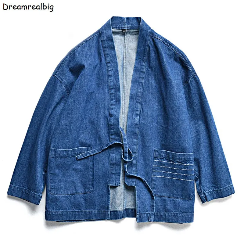 Giacche da uomo uomini denim kimono giapponese cucitura a strisce a strisce aperte mollano collare jeans con tasche 221123