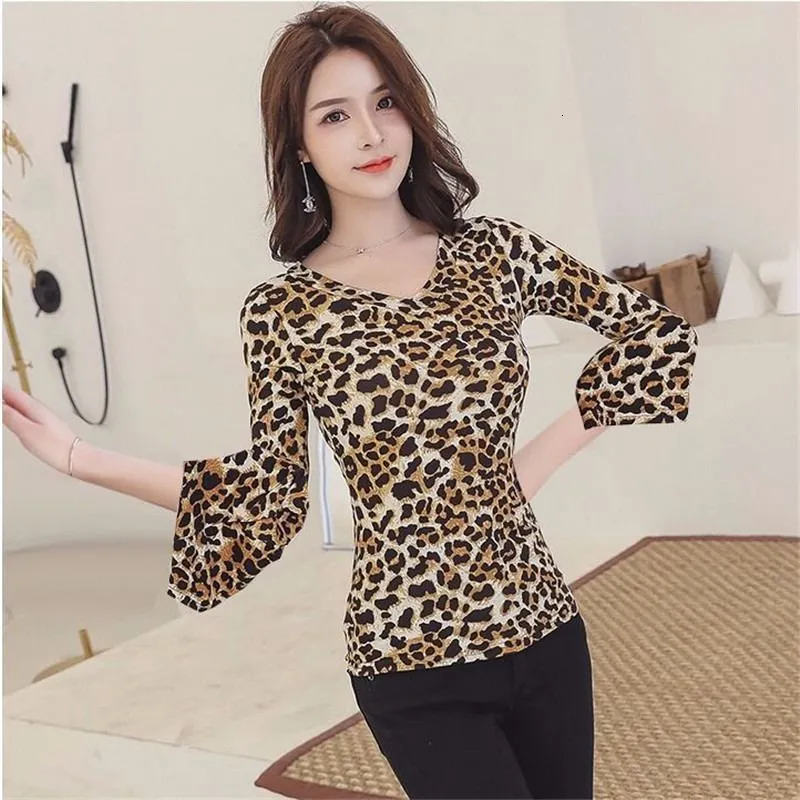 Women's Jumpsuits Rompers Summer Women Leopard Print Bottoming Blouse Female Sexy V Neck Flare Sleeve Slim Shirt Office Lady Plus Size Thin Top Z446 221123