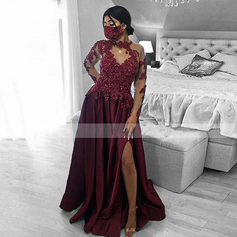 Burgundy High Neck caftan Evening Dresses Beaded Lace Full Sleeve Split Arabic Special Occasion Prom Party Gowns