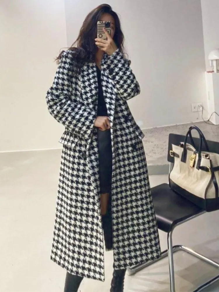 Wełniane mieszanki damskiej Kobiet Long Plaid Wełniany płaszcz Slim Houndstooth Kurtka 221123