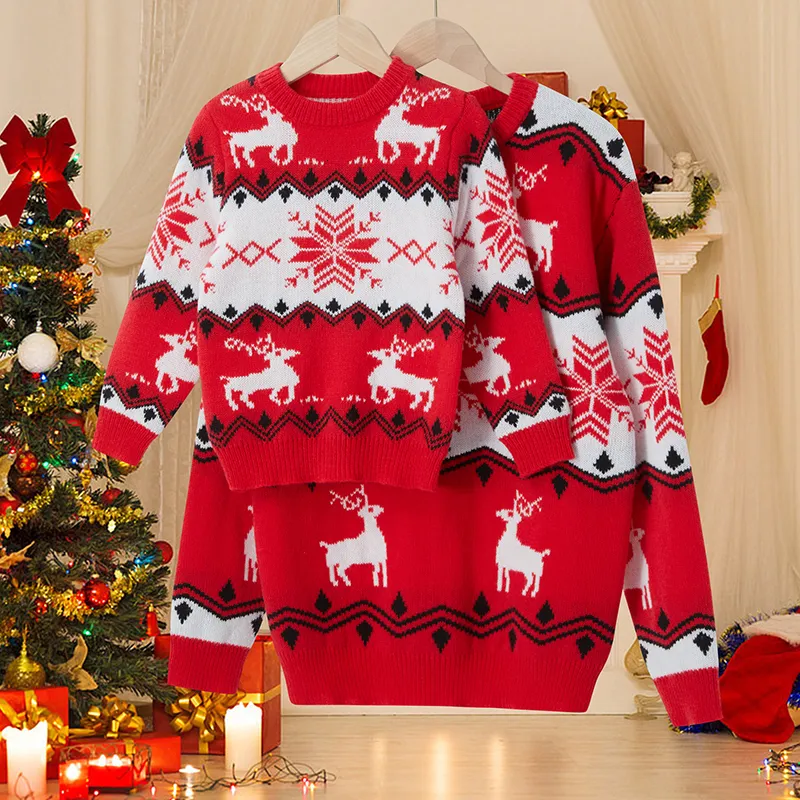 Fam￭lia combina com roupas de Natal M￣e e filha Sweater Snowflake Padr￣o de floco de neve de manga longa Kids jumper para 2-6y 221122