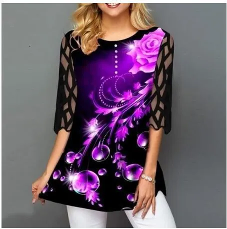 Women's Jumpsuits Rompers Plus Size 4xl 5XL Shirt Blouse Female Spring Summer Tops Oneck Half Sleeve Lace Splice Print Boho Women shirt 221123