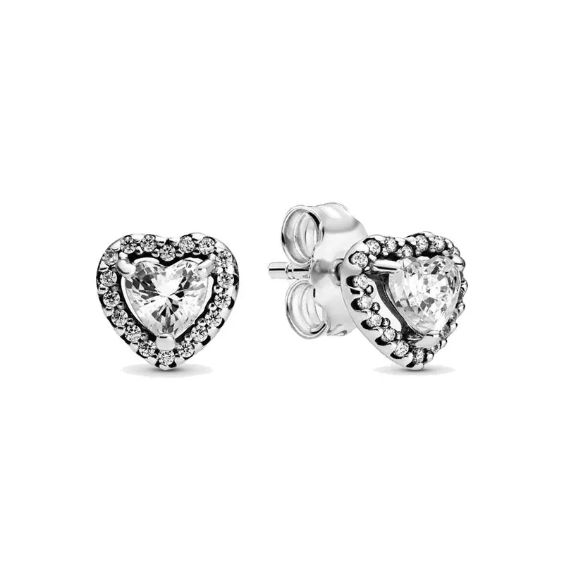 Orecchini a bottone a cuore rialzato in vero argento sterling con scatola originale per gioielli da sposa Pandora in oro rosa con diamanti CZ Set di orecchini regalo per fidanzata