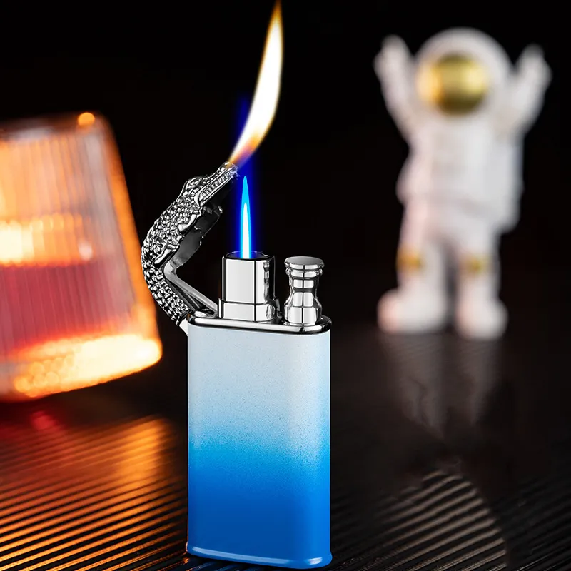 Novel Torch Colorful Lighters Jet Blue Flame Metal Crocodile Lighter Windproof Double Fire Dragon Lighter Man Lady Smoking Gift