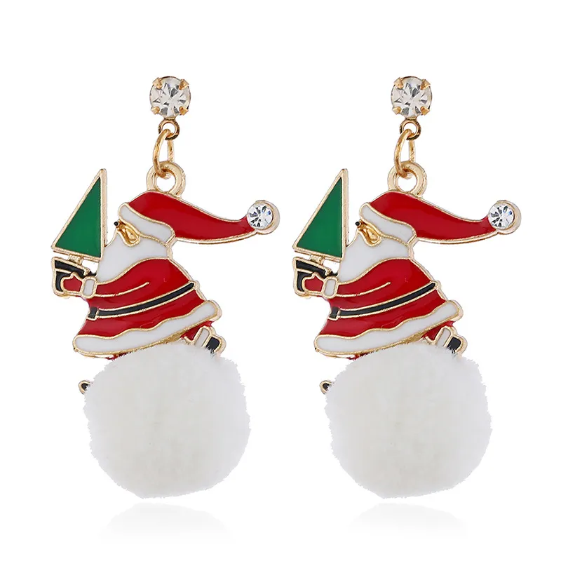 Festival Christmas Gold Plated Santa Claus White Plush Ball Dangle Decorative Earrings For Gift