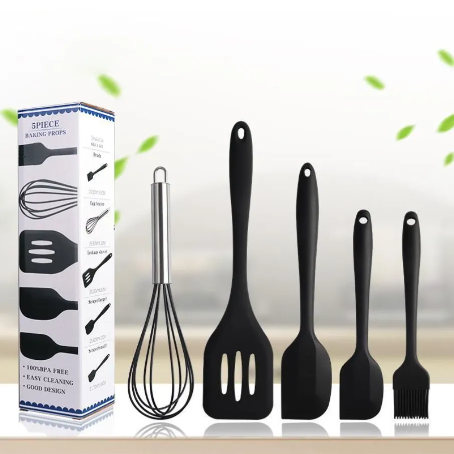 5st/Lot Silicone Cooking Tool Set Inkluderar små borstskrapor Stor skrapa Egg Beater Spatula för bakning och blandning av grossist B1123