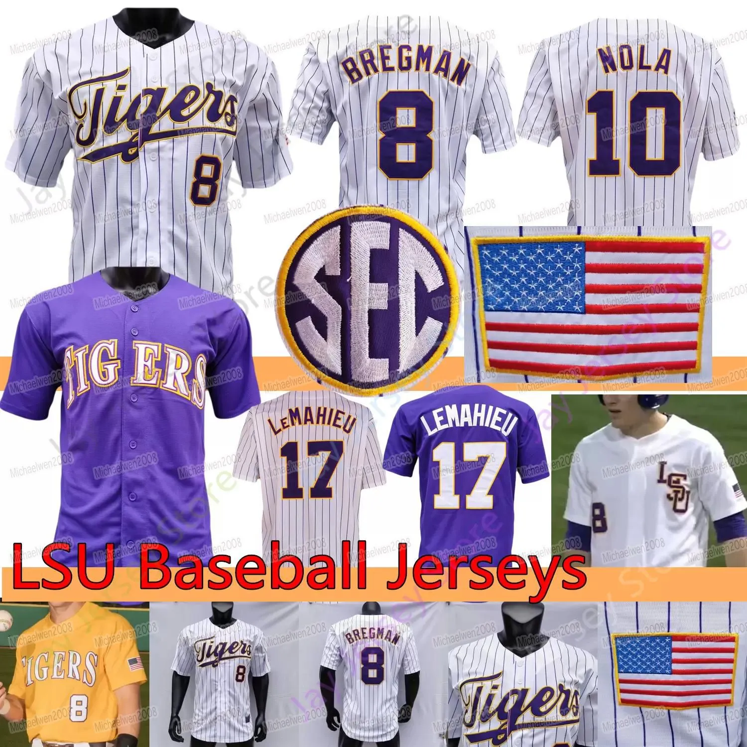 НОВЫЕ трикотажные изделия College Wears Custom LSU Tigers Бейсбольная майка Аарон Нола Алекс Брегман DJ LeMahieu Dylan Crews Jake F