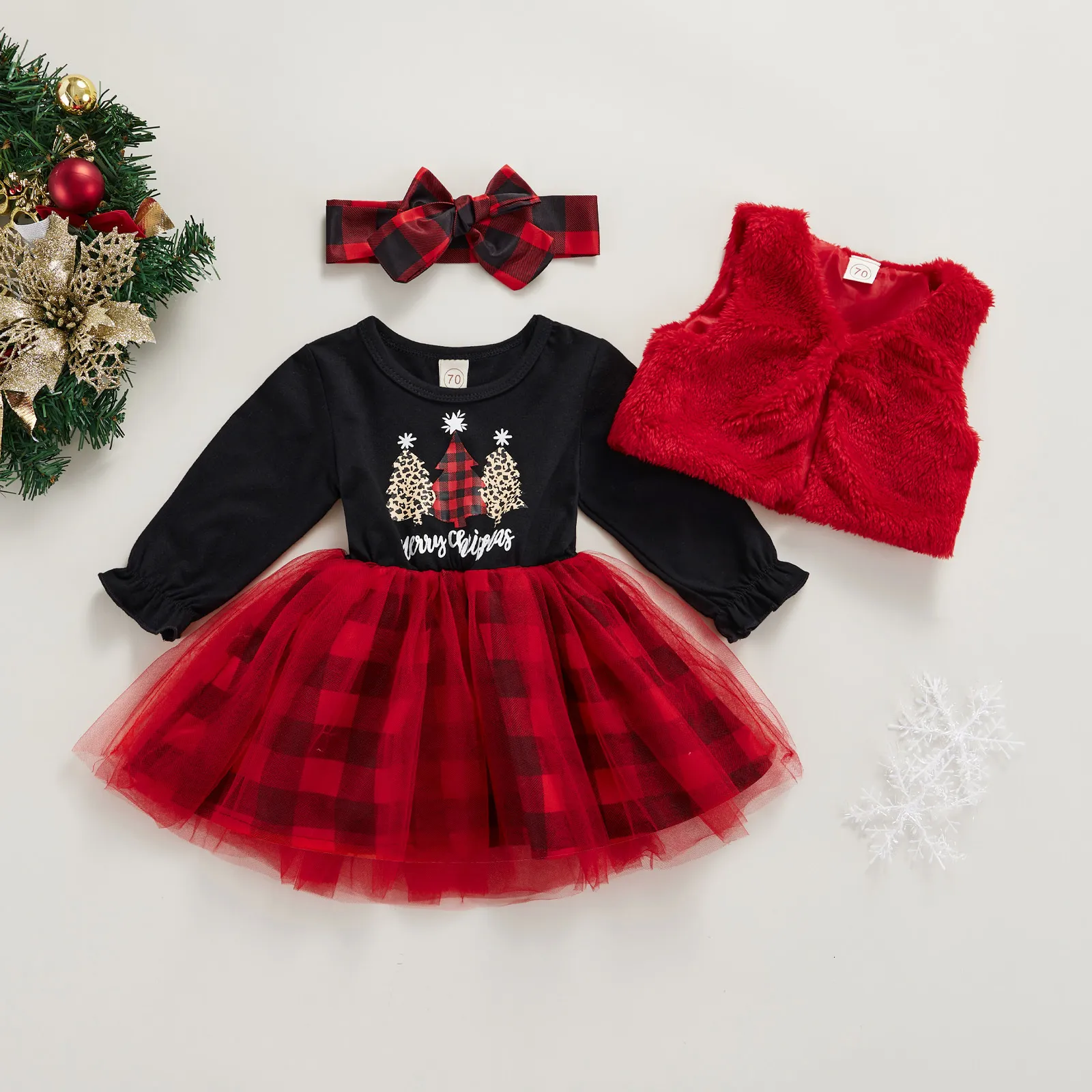 Kläduppsättningar födda baby flickor kläder mode julklänning plysch väst pannband 3 st höst vinter småbarn spädbarnskläder 221122