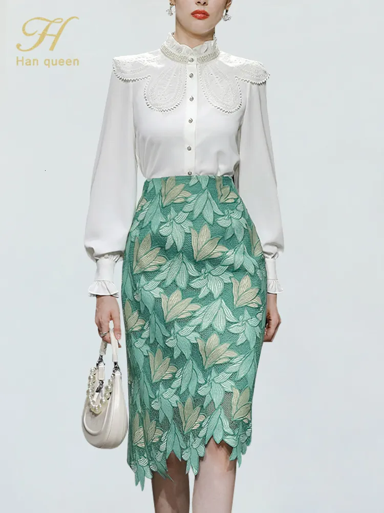 فستان من قطعتين حان كوين خريف الخريف كوريين 2 قطعة مجموعة من القمصان نفخة من النفخة و Midi Lace Skirt عرضية Simple Office Suit 221122