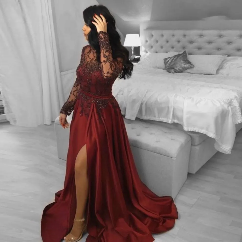Vestido de noite vermelho escuro vestido de noite vestidos de fiesta ilusão longa manga longa miçanga de renda de renda fenda de baile de festas de festa vestidos formais