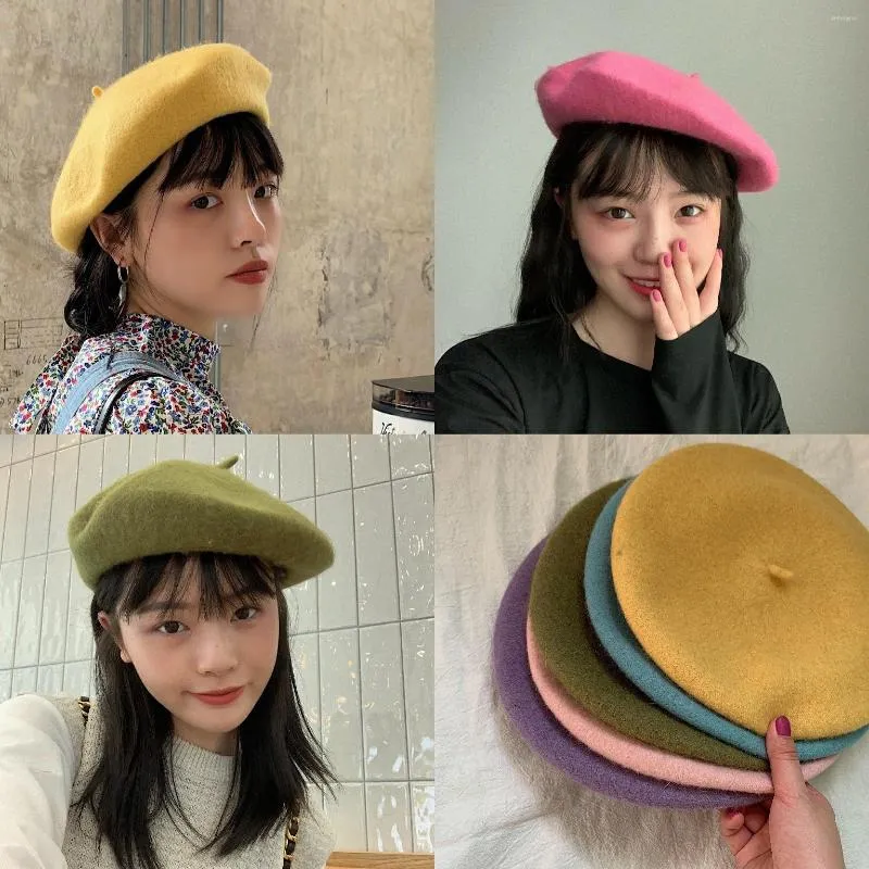 Boinas da primavera Autumn Women Hat Wool Artista francês Estilo Pure Color Girls Beret Beret Classic Vintage Ladies Elegant All Match