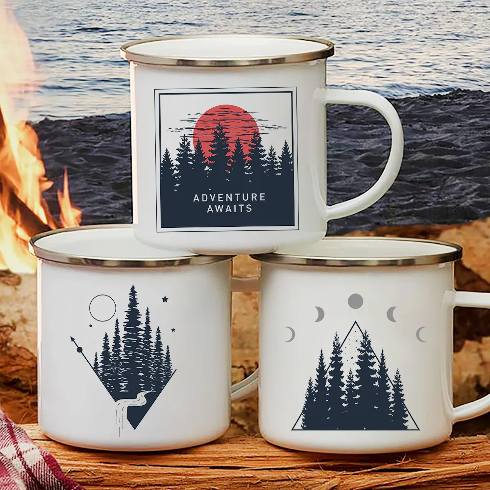 Creative Coffee Mugs: Enamel Camping Mug With Forest Scene
