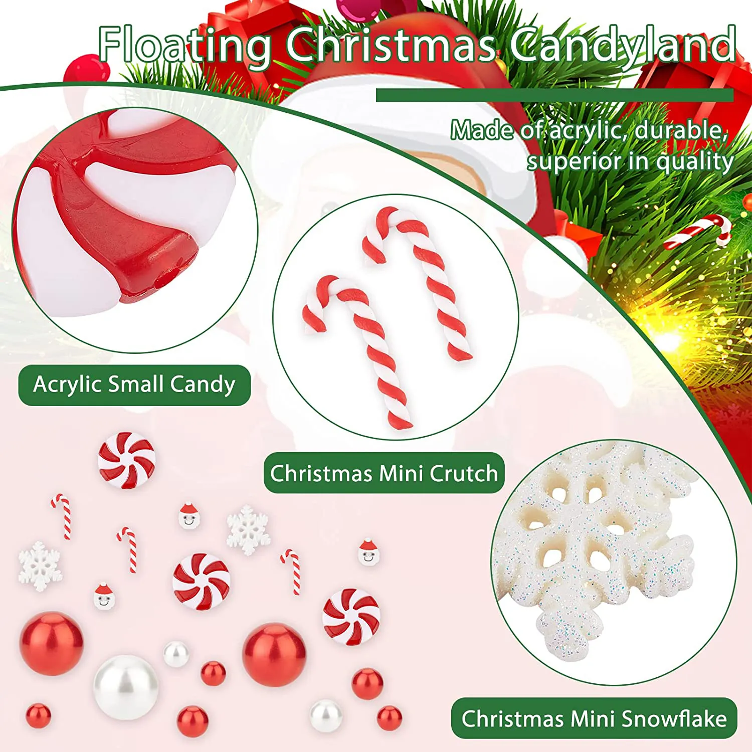 Red And White Floating Pearl Beads With Glitter Snowflakes For