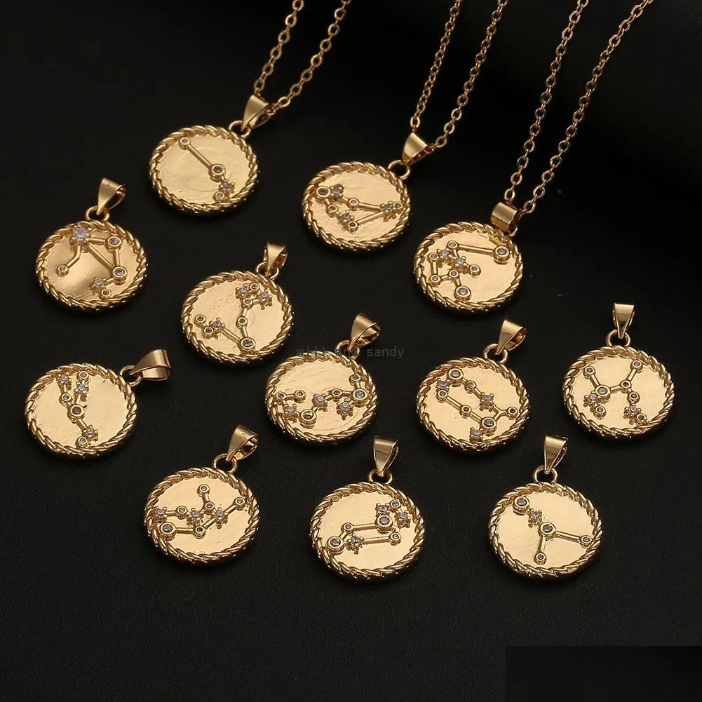 Pendant Necklaces 12 Zodiac Sign Necklace Gold Chain Copper Libra Crystal Coin Pendants Charm Star Choker Astrology Necklaces For Wo Dhiwa