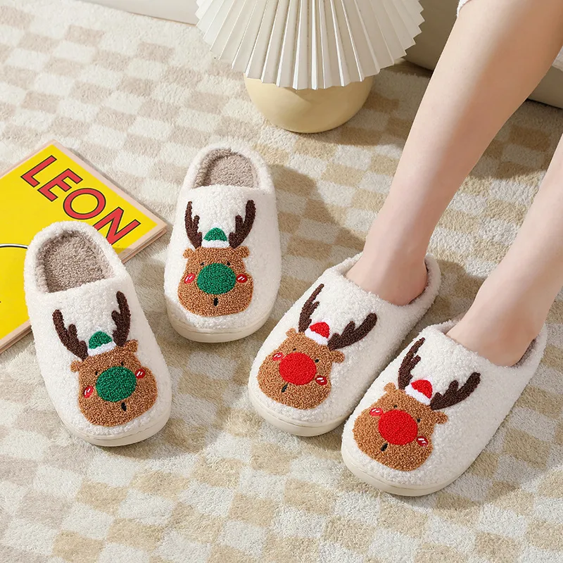 Pantoufles d'hiver en fourrure moelleuse pour femme, chaussures plates en coton d'élan de noël, pour Couple, chaussures de dessin animé, 221122