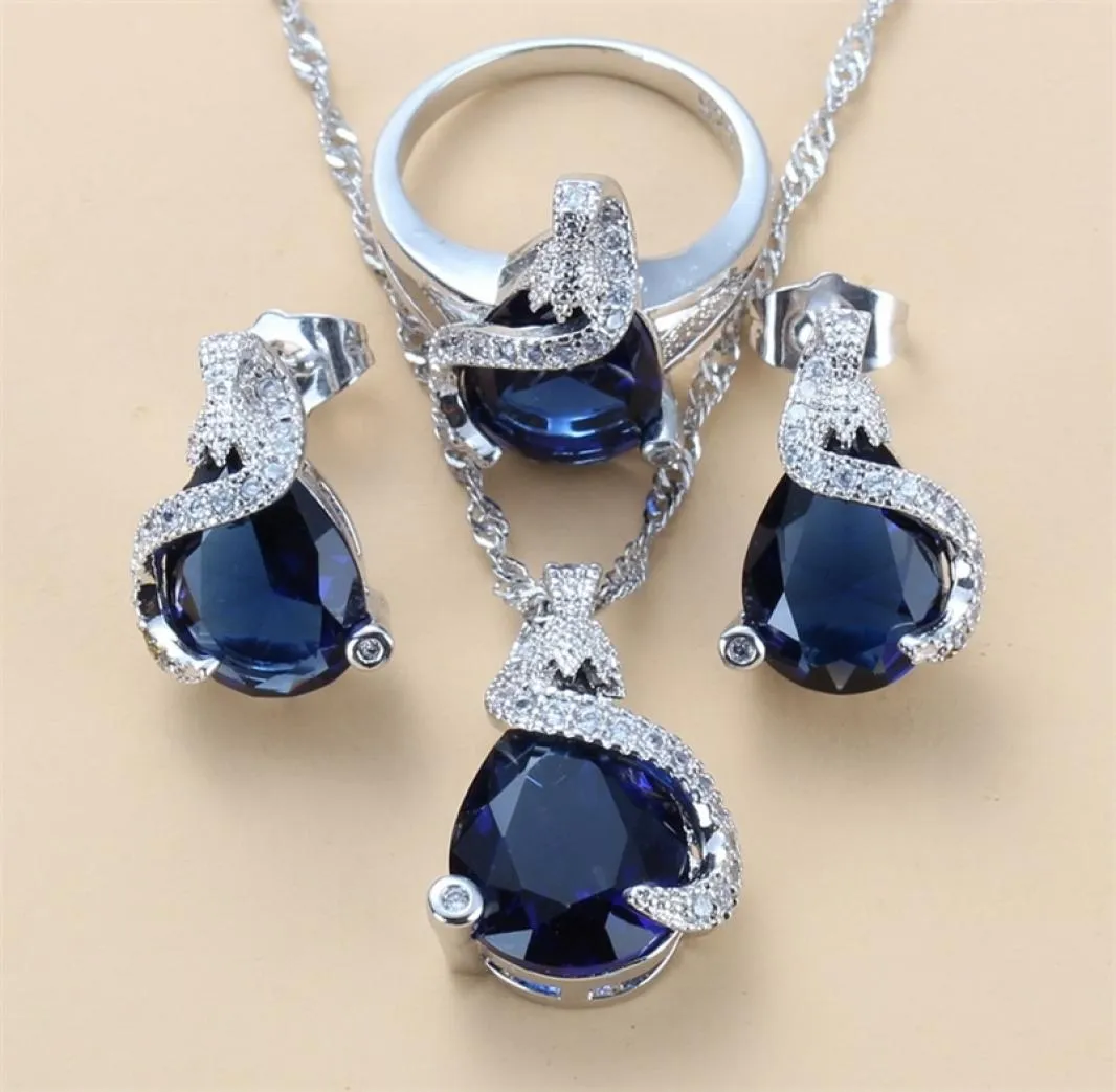 925 Mark Water Drop Jewelry Set WeddingEngagement Accessories For Women Blue Zirconia Stud Earrings And Necklace Ring Sets 2208189117421