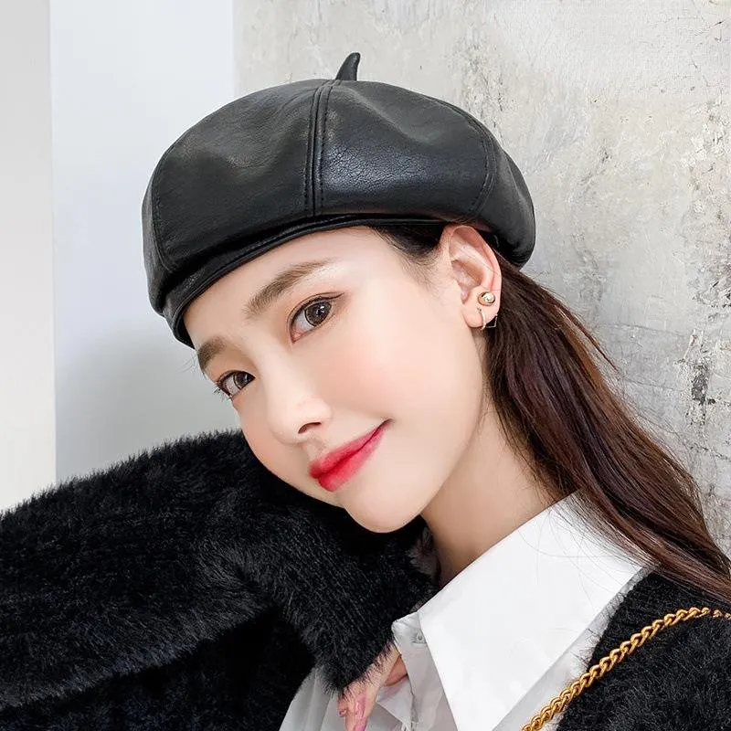 Berets Fashion Beret Female PU Leather Winter Hat Korean Version Black British Retro Hats Pumpkin Painter Octagonal Cap Gorras Hombre