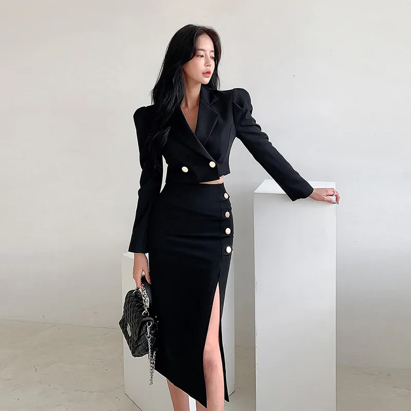 black two piece dress casual Black 2-Piece Formal Outfit for Women - Cropped and Coat Set with High Waist Slit Black skirt with Slit