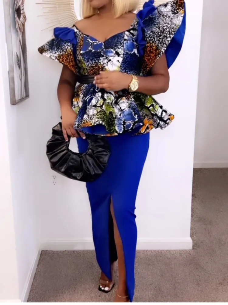 Party Dresses African Women Vintage Print Dress Off Shoulder Front Slit Tunic Retro Floral Blue Elegant Big Size Club Event Wear 221123