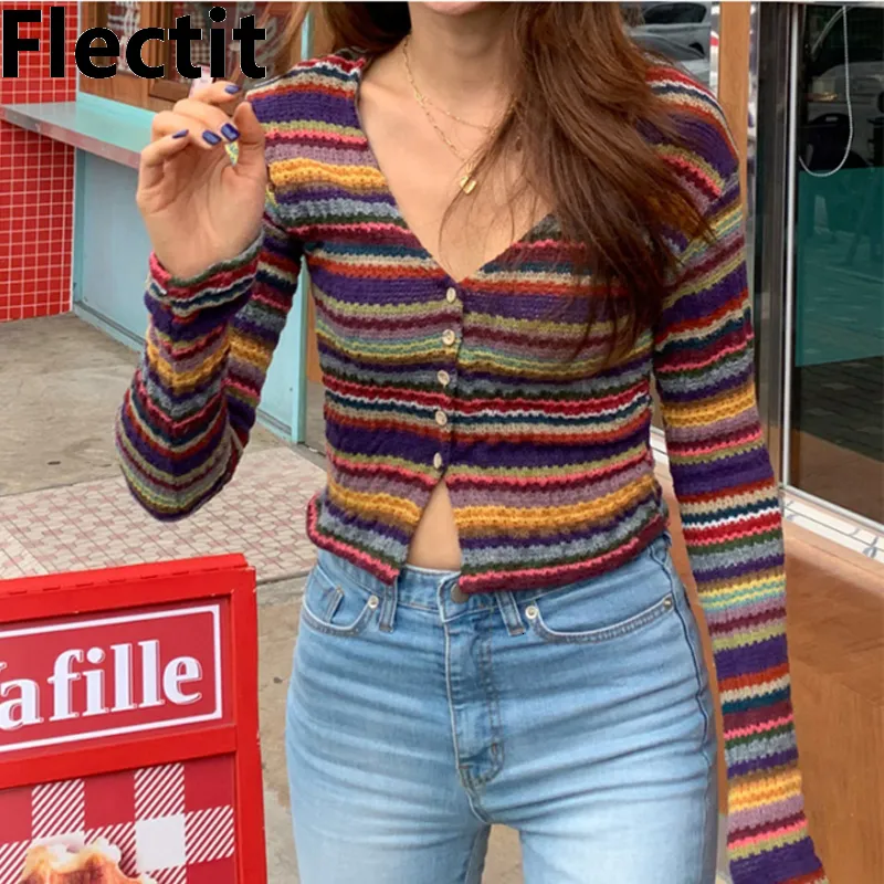 Malhas femininas Tees Fletit feminino vintage Multi listrado botão de cardigã Up Sweater Slim Fit Knit Top Korean Fashion Alternative Girl Fort 221123