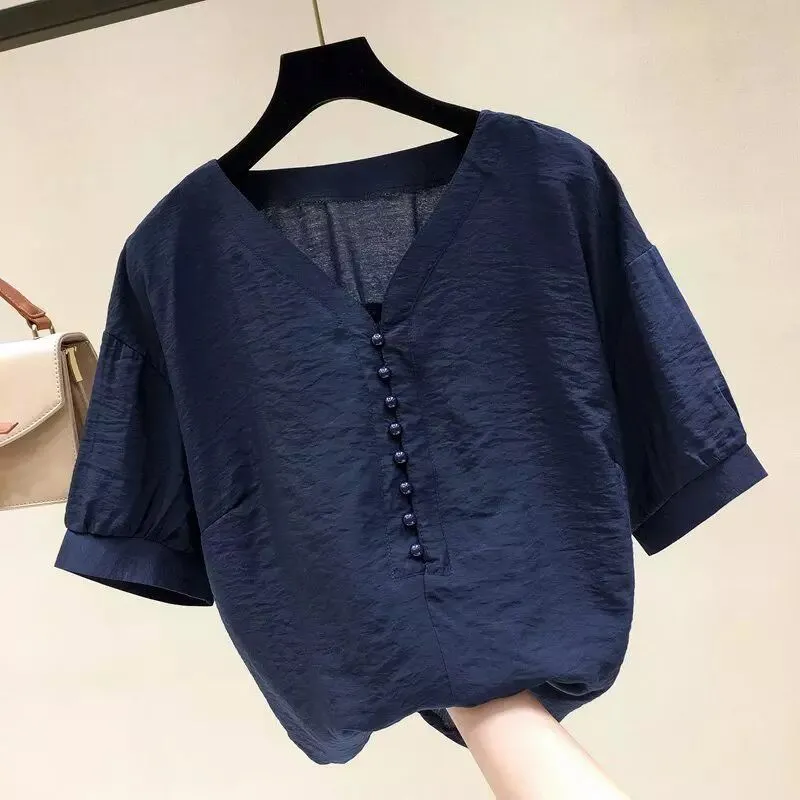 Kvinnors jumpsuits Rompers Korean Short Sleeve Chiffon Blus Tops Slim Chiffon Shirts Women Summer Plus Size Lose Bluses Shirt Kvinnlig Solid Top 221123