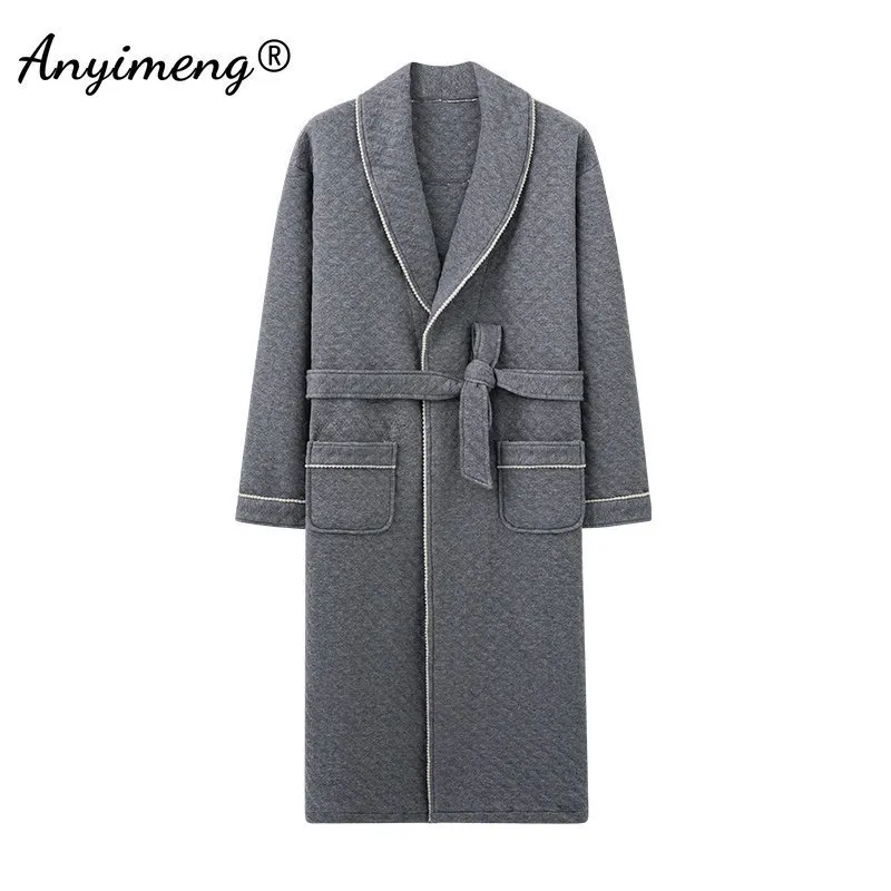 Men's Sleepwear Winter Luxury Shawl Collar Bathrobe Three Layer Cotton Plus Size 4XL Robe for Gentlemen Simple Style Grey Elegant 221122