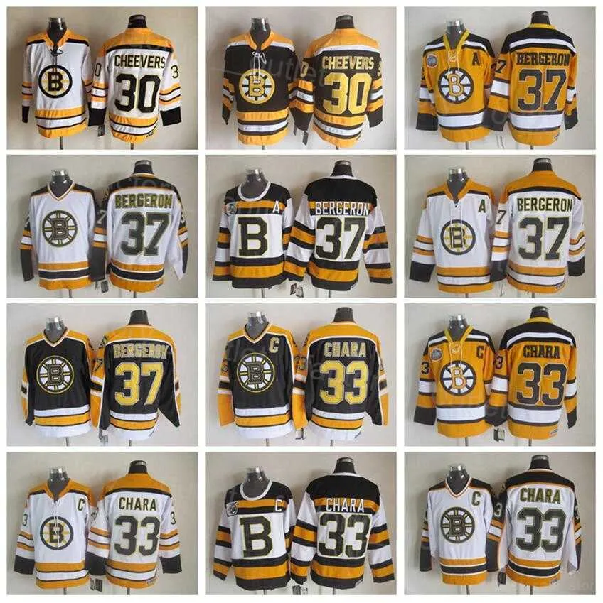 Boston Retro Bruins Vintage Hockey 33 Zdeno Chara Jersey 37 Patrice Bergeron 30 Gerry Cheevers Throwback Zwart Wit Geel Teamkleur CCM''Nhl''Shirt