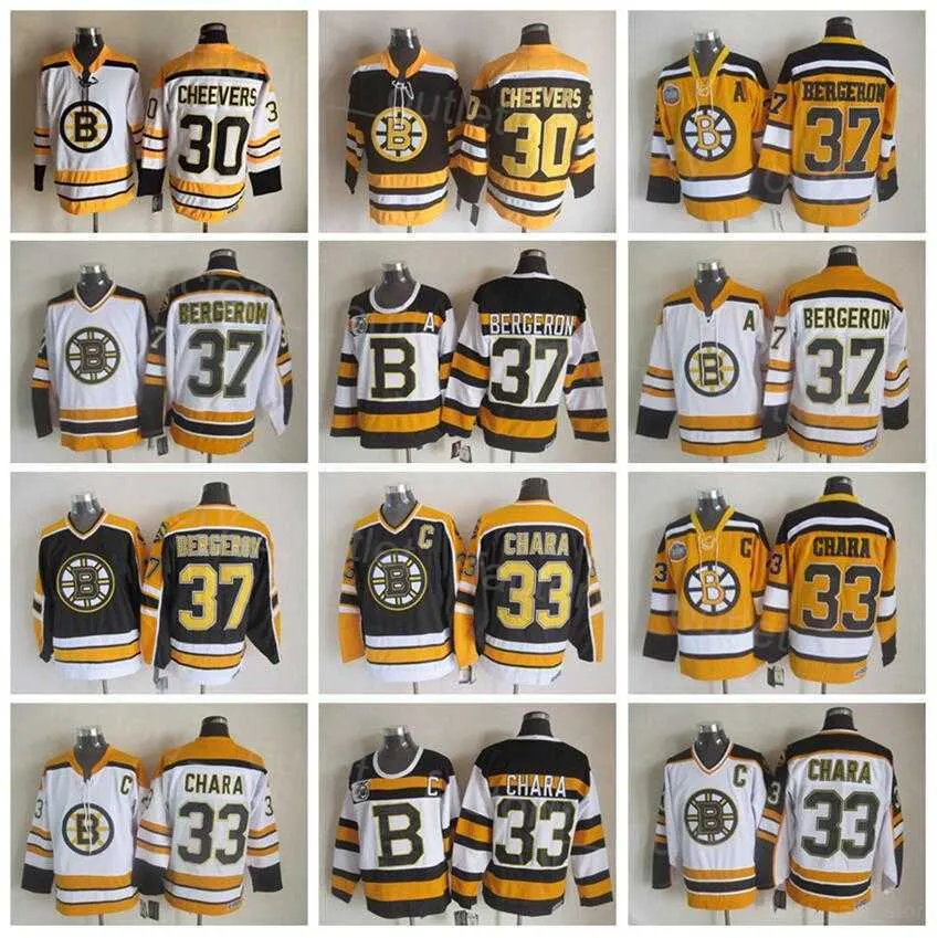 Boston Retro Bruins Vintage Hockey 33 Zdeno Chara Jersey 37 Patrice Bergeron 30 Gerry Cheevers Throwback Black White Yellow Team Color CCM''Nhl''Shirt