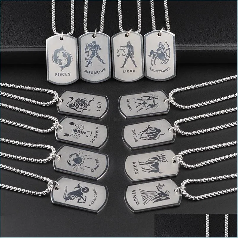 Collares colgantes Hombres Hip Hop Acero inoxidable 12 Collar de signo del zodiaco Etiquetas de perro Colgantes Charm Star Gargantilla Astrología Collares Fashio Dhatd