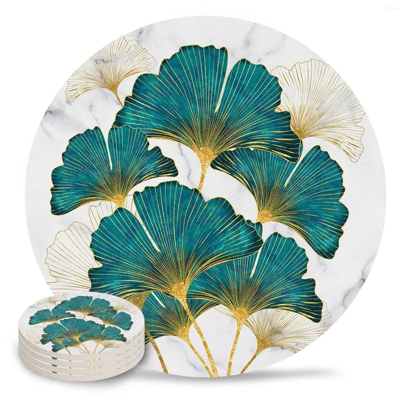 Tapetes de mesa de mármol Ginkgo Biloba, manteles individuales redondos de cerámica para cocina, juego de alfombrilla y taza, 4/6/8 Uds.