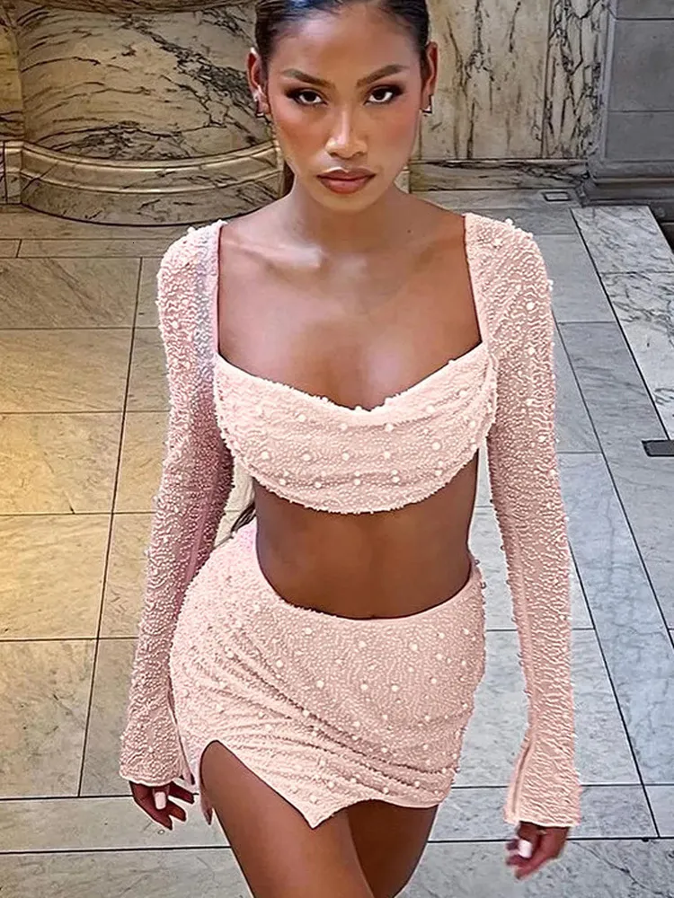 Viifaa Beaded Two Piece Dress Urbanic Set Long Sleeve Crop Top And Mini Skirt For Women Sexy